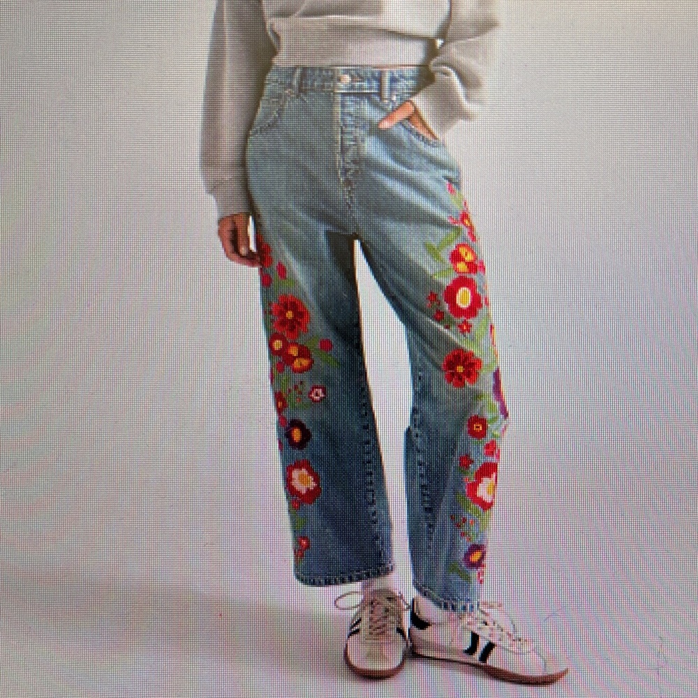 Free People Blue Jeans with Red Floral Embroidery